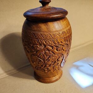 Vintage Hand Carved Floral Wooden Spice Jar Container with Lid Made in India 6”